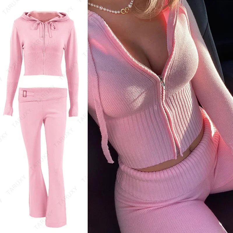 Women Spring Outfits Casual Zipper Sweater Hoodie Set High Waist Flare Pants Suits Pink Knitted Womens Y2k Two Piece Set