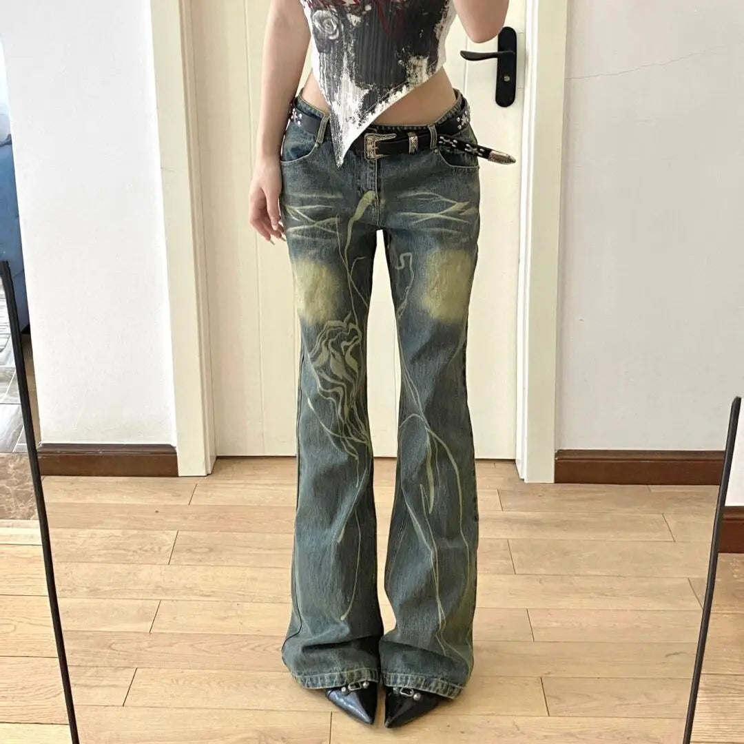 American Style Y2k Retro Flared Jeans For Women Fashion Tie Dye Straight Wide Leg Pants Distressed Hot Girl Casual Mopping Pants