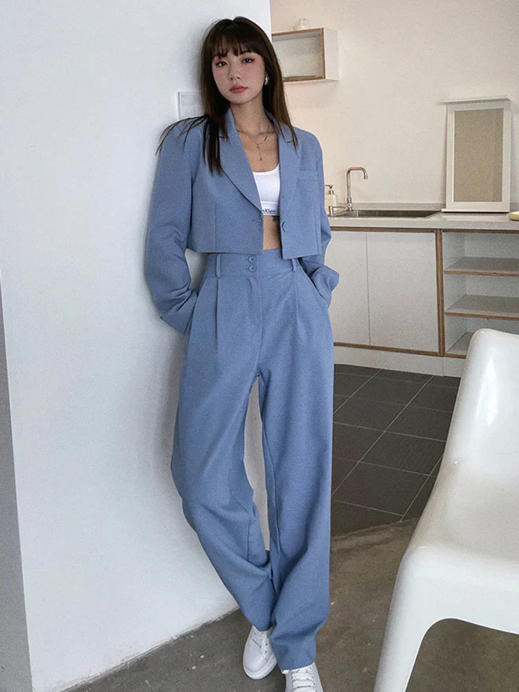 Women Blazer And Pants Sets Autumn Black Crop Blazers Coats And Pencil Long Pants High Streetwear Business Suit Outfits