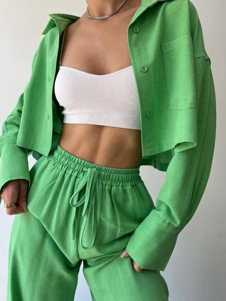 New 2piece Set Women Outfit 2023 Autumn Solid Long Sleeved Short Casual Shirt Drawstring Pants Jacket Sets Fall Outfits 2023