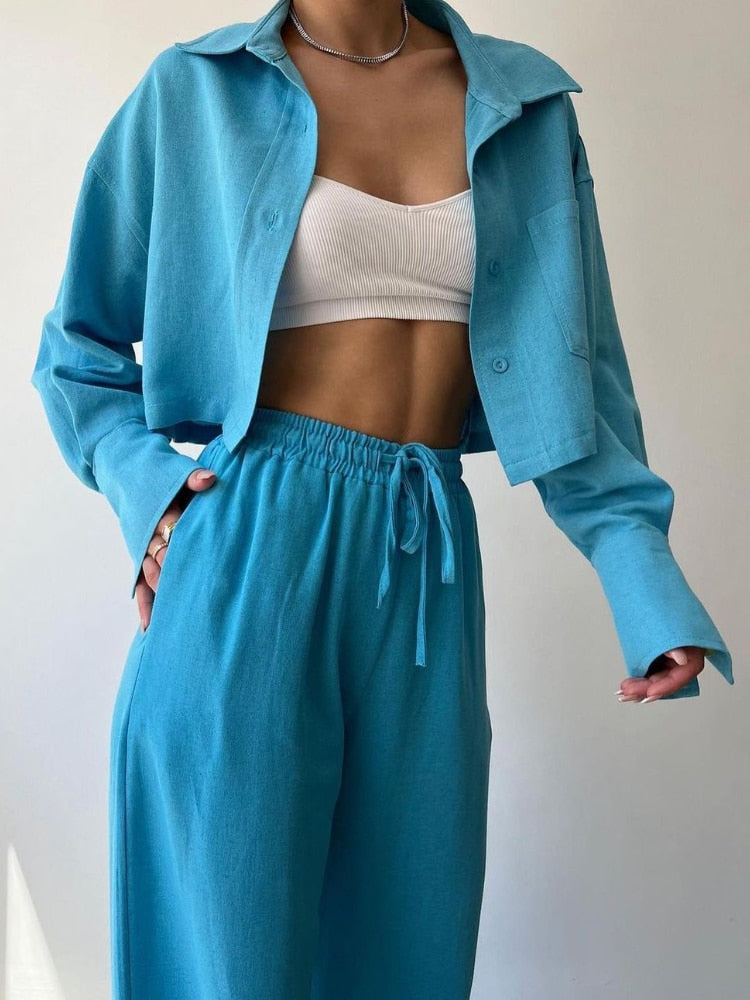 New 2piece Set Women Outfit 2023 Autumn Solid Long Sleeved Short Casual Shirt Drawstring Pants Jacket Sets Fall Outfits 2023