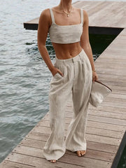 Wide Leg Pants Sets For Women 2023 Sleeveless Backless Crop Tops Ladies Loose Casual Trouser Suirt Womens Outfits Summer