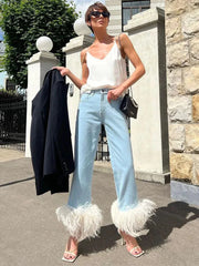 High Waisted Jeans For Women Feather Stitching Street Casual Slouchy Jeans Femme Summer Loose Blue Long Pants Woman