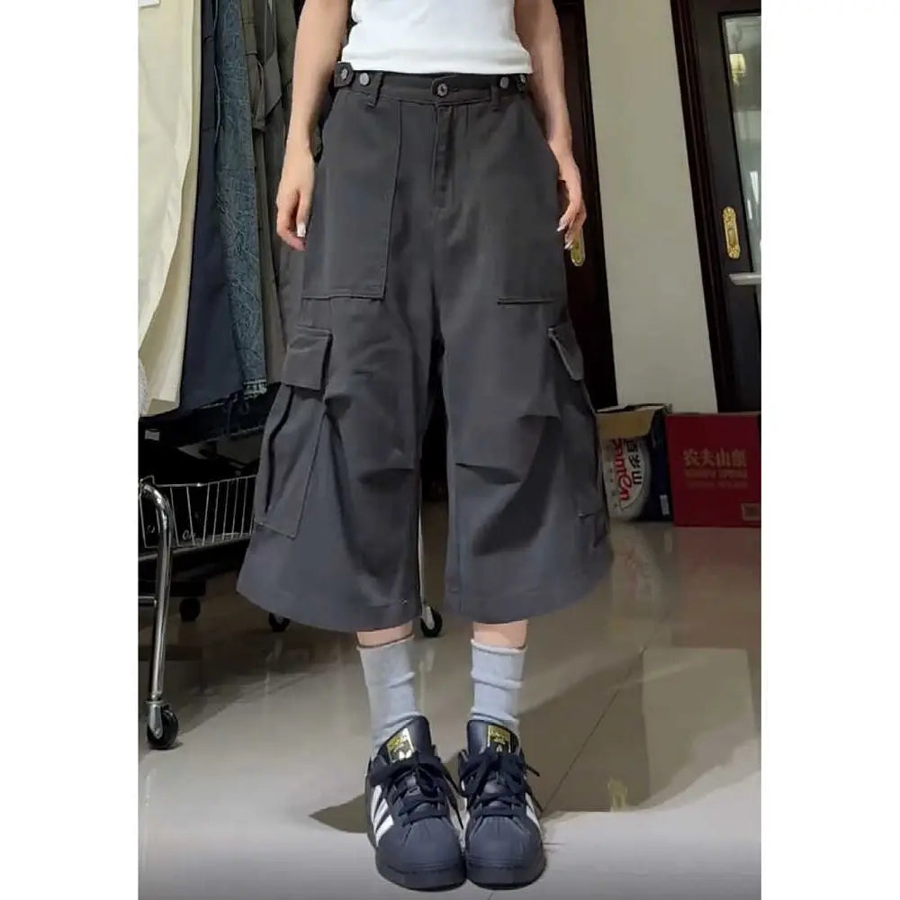 Oversize American High Street Retro Pocket Cargo Shorts 2024 Summer New Wide Leg Pants Y2k Loose Straight Calf- Length