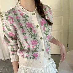 Mia Sweet Boho Floral Intarsia Cardigan