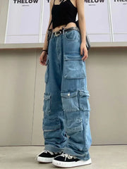 Multi-Pocket Blue Washed Cargo Pants Y2k Retro High Street Fashion High Waist Jeans Couple Harajuku Simple Casual Wide Leg Pants