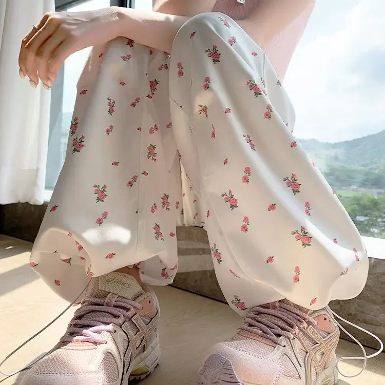 American Casual White Flower Print Cargo Pants 2024 Autumn New High Waist  Y2k E-Girl Straight Wide Leg  Women