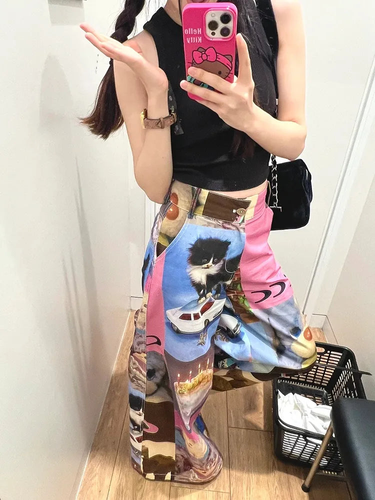 American Street Cute Cartoon Print Pants for Women 2024 New Loose Wide Leg  Y2k Grunge High Waist Straight Trousers