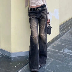 American Retro Low-rise Ruined Rivet Flared Jeans Fashionable Street Wide Leg Pants New Y2k Hot Girl Floor Mopping Pants