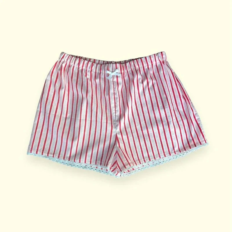 Y2K Print Elastic High Waist Wide Leg Boyshorts Pants Kawaii Lace Trim Shorts 00s Retro Streetwear Loungewear Pajamas Bottom