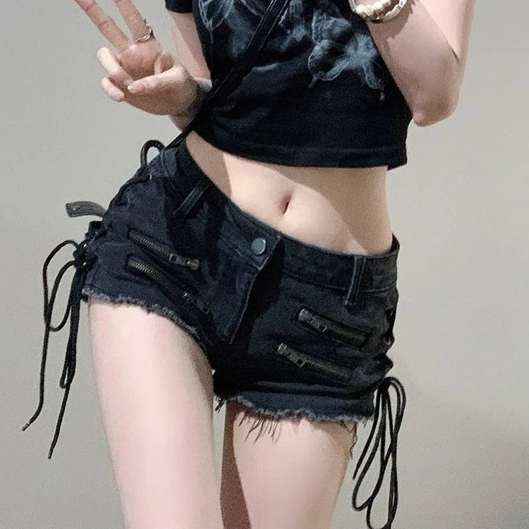 American Street Black Gray Zipper Denim Shorts Women 2024 Summer New Hot Pants Y2k E-Girl All-match Lace Up Ropa Mujer