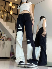 Trend Street Black White Denim Pants Women Y2k E-Girl High Waist Irregular Trousers Summer Loose Straight Wide Leg  Jeans