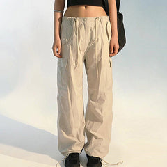 Women Baggy Trousers Low Waist Joggers Cargo Pants Y2K Pockets Wide Leg Pants Fashion Loose Drawstring Streetwear Trousers