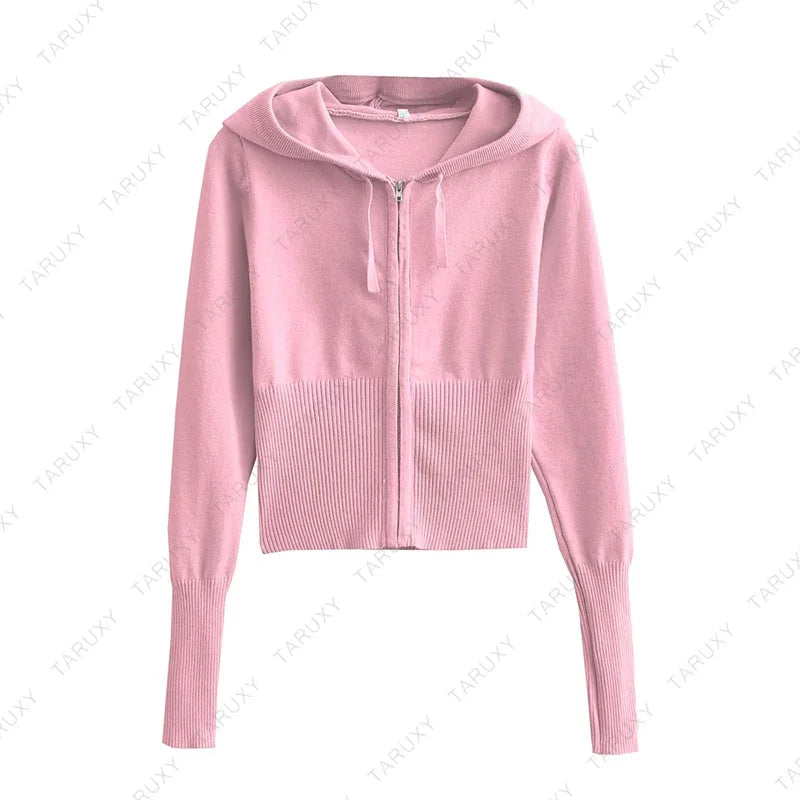 Women Spring Outfits Casual Zipper Sweater Hoodie Set High Waist Flare Pants Suits Pink Knitted Womens Y2k Two Piece Set