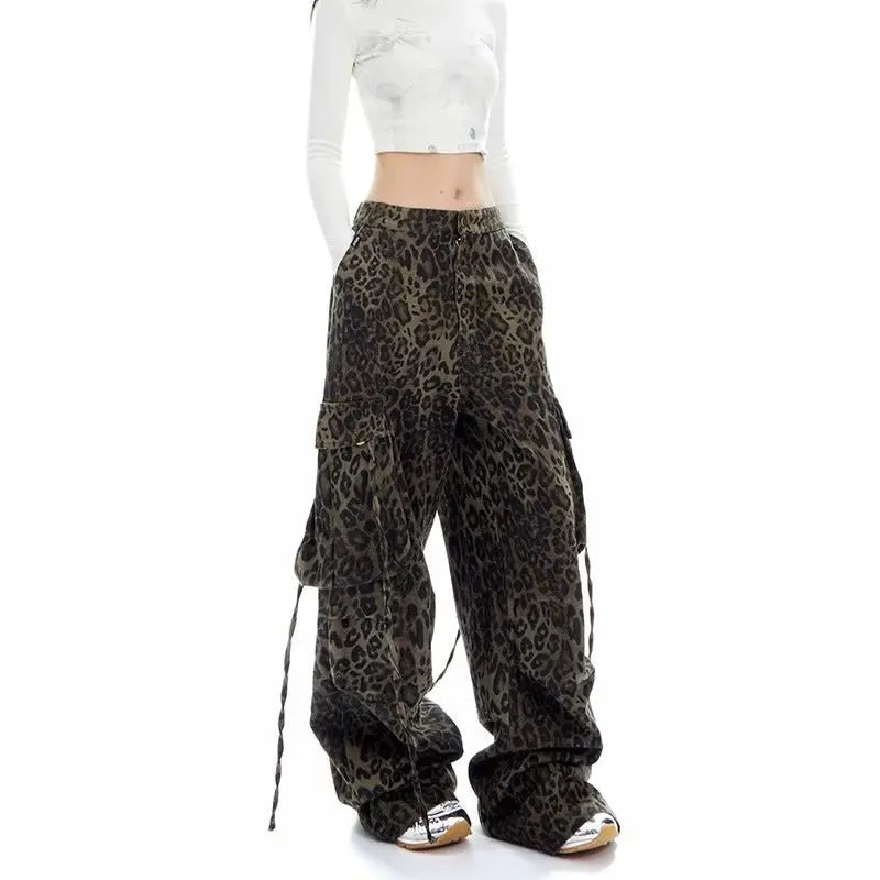 Multi-pocket Pleated Leopard Print Paratrooper Pants Fashion Streetwear Wide Leg Pants Cargo Pants Women Harajuku Style Trousers