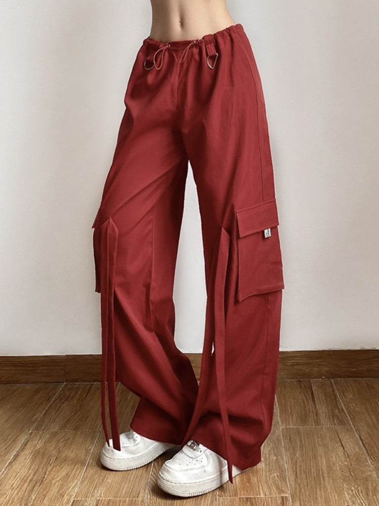 Women Vintage Red High Street Cargo Pants Mid Waist Tether Casual Streetwear Straight Trousers Baggy Pants Ladies Summer