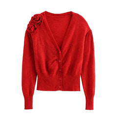 Terra Flower Applique Red Cropped Cardigan