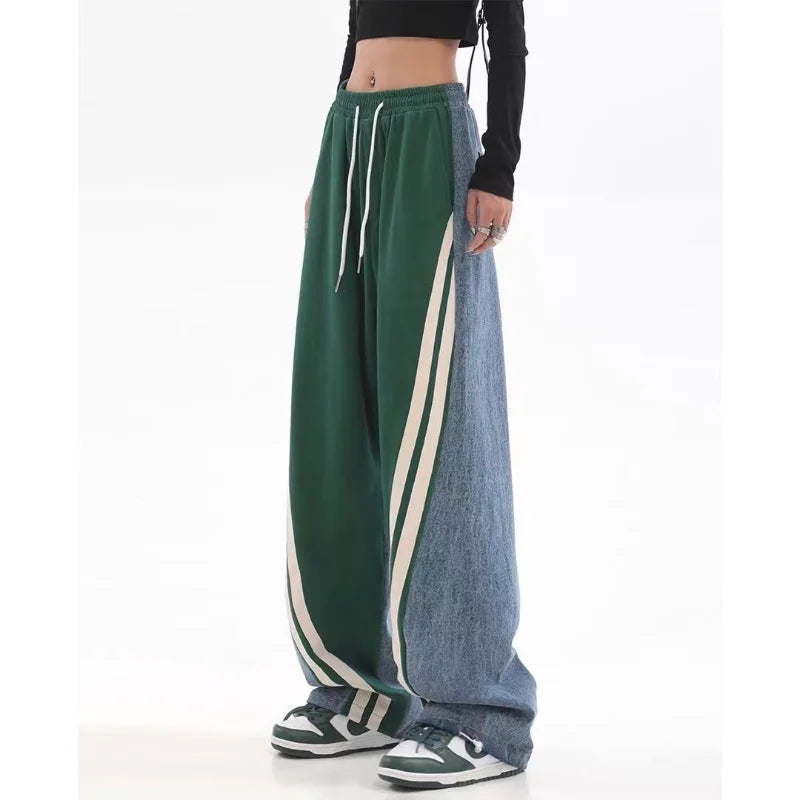 Denim Contrast Drawstring Lounge Pants American High Street Straight Casual Pants Women Fashion Hip-Hop Simple Loose Trousers