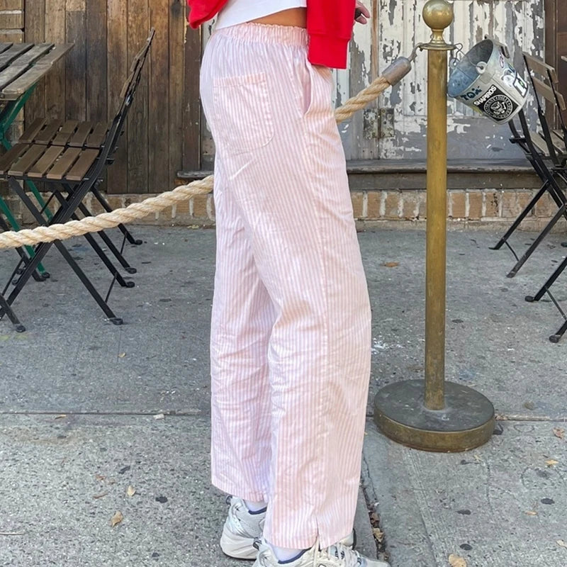 Stripe Print Elastic Loose Lounge Pajamas Trousers with Pockets 90s Vintage Wide Leg Pants Chic Women Fashion Pants Streetwear