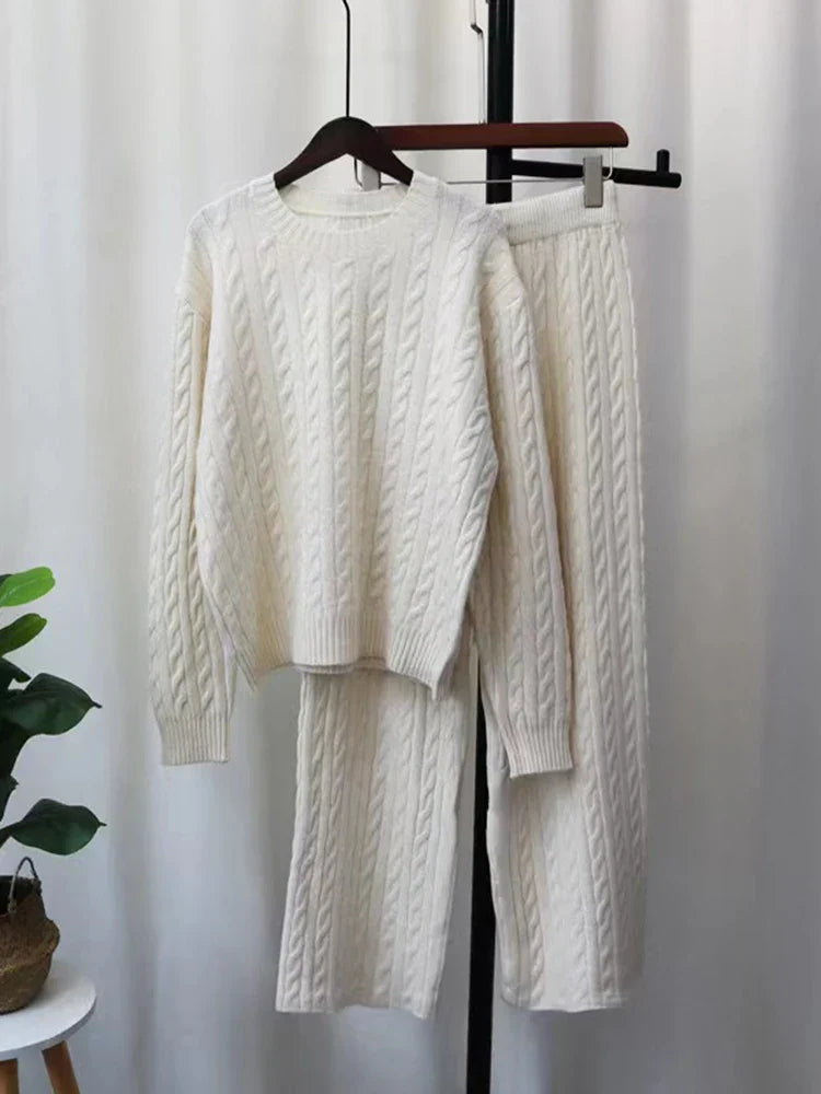 Autumn Knit Outfits Women Two Piece Sets Rib Loose Pullover And Wide Legs Pants Streetwear Sweater Suit Matching Sets