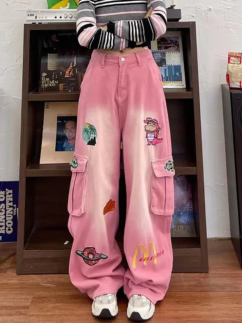 American Pink Cartoon Embroidered Baggy Cargo Mom Jeans for Women 2024 Spring New Waist Slimming Wide Leg Pants Trousers Female