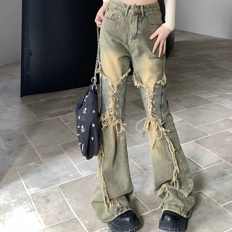 Oversize American Retro Straight Casual Pants Y2k Grunge High Waist Loose Wide Leg  2024 New Bell Bottom Jeans Women