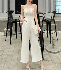 Spring Outfit Lace Splicing Jumpsuit Women 2024 Summer New Women's Suspender High Waist White Wide Leg Pants Elegant Evening Party Chic