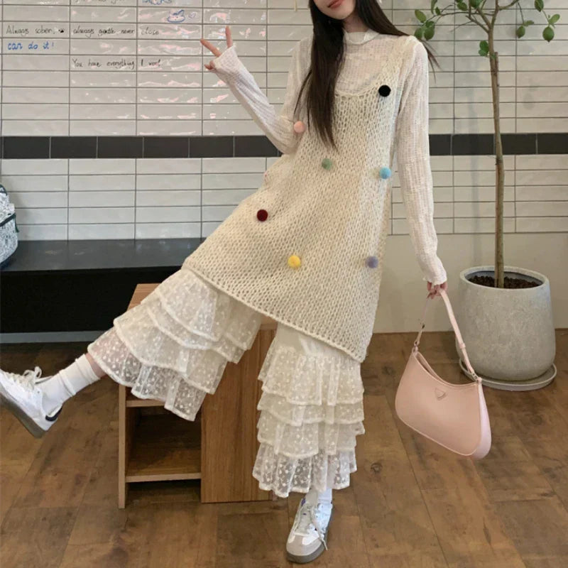 2024 Spring New Streetwear Pleated Loose Lace Pants Women + Colorful Cotton Ball Hollow Knitted Dress + T-Shirt Three-Piece Suit