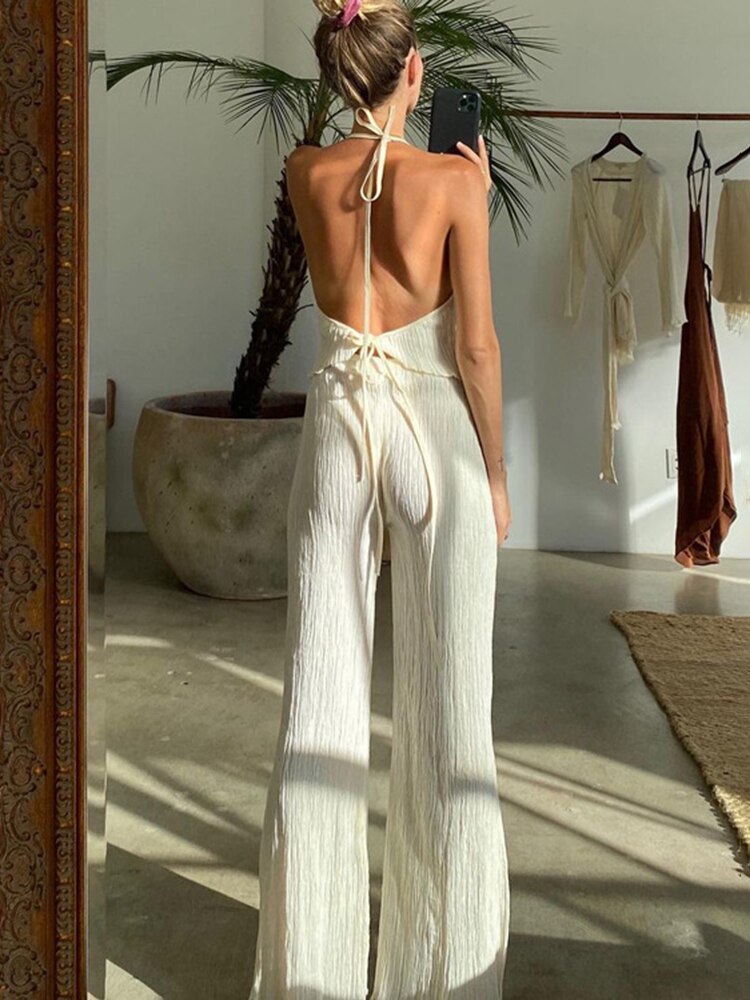 Backless Halter Tops Sets Woman Fashion 2 Pieces Summer Solid Pleated Trouser Suits Elegant High Waist Loose Slit Pants Set