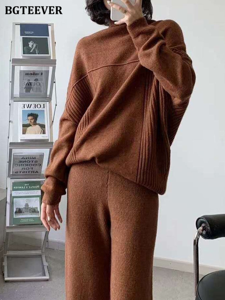 Autumn Winter Knitted Trousers Set Women Turtleneck Pullovers & Wide Wide Pants Thick Warm Female Sweater Set