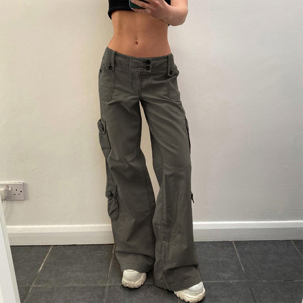 Women Straight Baggy Trousers Harajuku Wide Leg Sweatpants Loose Low Waist Joggers Cargo Pants Vintage Pockets Streetwear Y2K