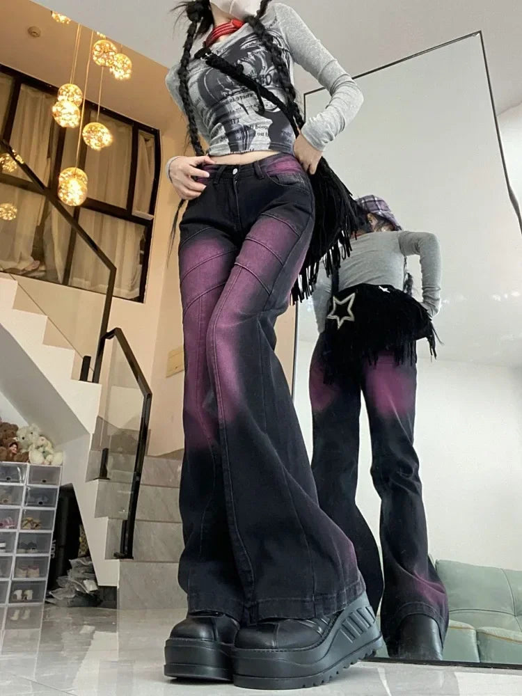 American Style Black Purple Denim Pants Y2k E-Girl Vintage High Waist  Flare  Autumn New Tie Dye Straight Trousers