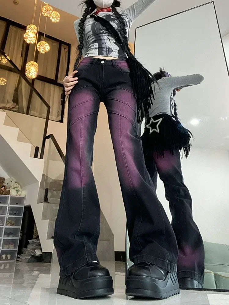 American Style Black Purple Denim Pants Y2k E-Girl Vintage High Waist  Flare  Autumn New Tie Dye Straight Trousers