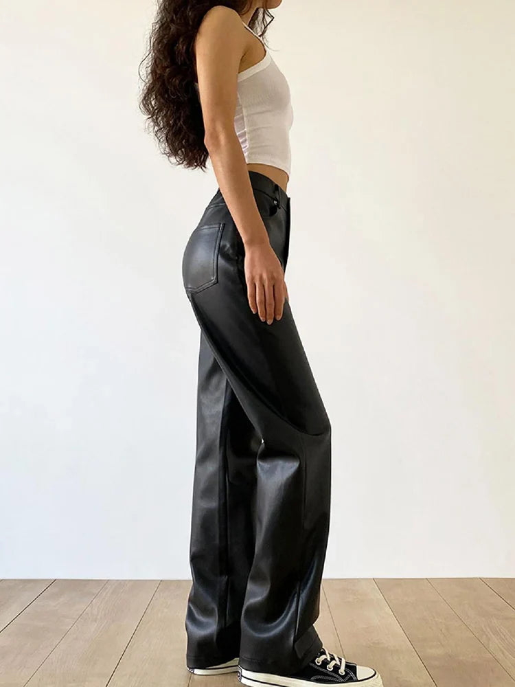 Vintage Women Pu Pants High Waist Black Faux Leather Loose Y2K Trousers Streetwear Female 90S Pants New