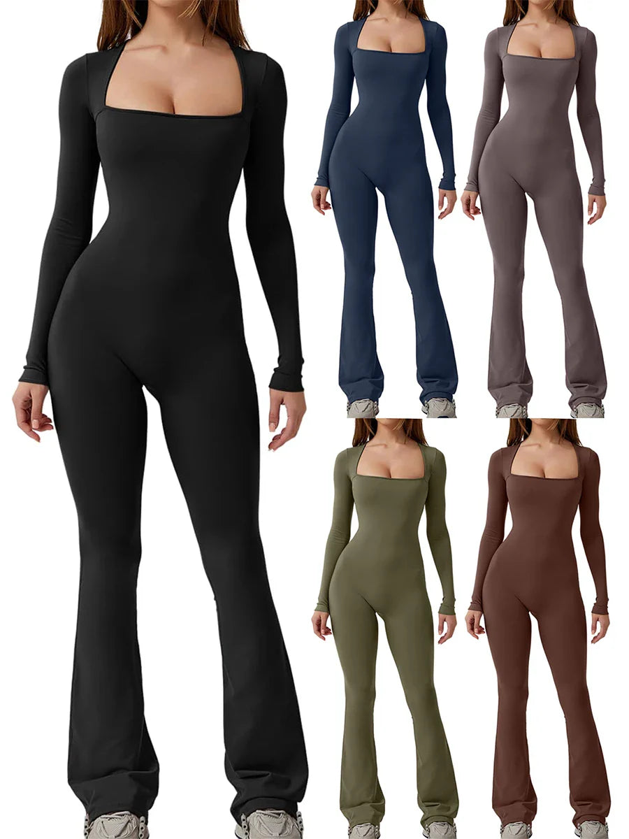 Barbotimer Women s Bodycon Jumpsuit Long Sleeve Square Neck Slim Fit Flared Pants Romper Fall Winter  Playsuit