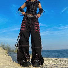 Gothic Punk Chain Bandage Wide Leg Pants 90s Baggy Pant Women Oversize Low Rise  Y2k Academic Pants Streetwear E-girl Style