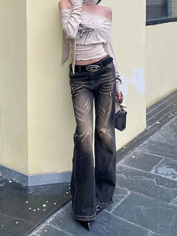 American Retro Low-rise Ruined Rivet Flared Jeans Fashionable Street Wide Leg Pants New Y2k Hot Girl Floor Mopping Pants