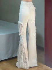 Japan Patchwork Lace Women Pants High Waist Mesh Summer White Designed Hollow Out Female Flare trousers