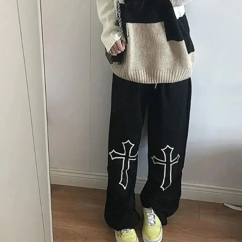 Black Vintage Women's Sweatpants Fleeced Y2k Harajuku Casual Brushed Pants Korean Streetwear Fashion Baggy Trousers Winter