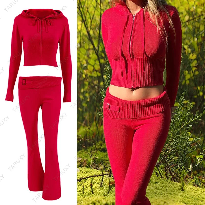 Women Spring Outfits Casual Zipper Sweater Hoodie Set High Waist Flare Pants Suits Pink Knitted Womens Y2k Two Piece Set