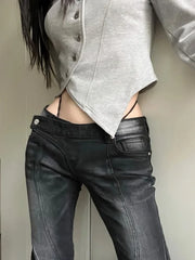 American Street Low-waisted Flare Pants Black Gray Gradient Denim Trousers Y2k Vintage Washed Straight Wide Leg