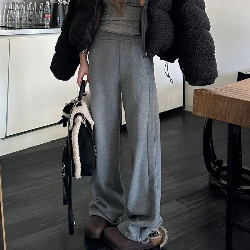 Gray Vintage Fleeced Women's Sweatpants Winter Baggy Korean Fashion Sport Brushed Pants Harajuku Streetwear Trousers New