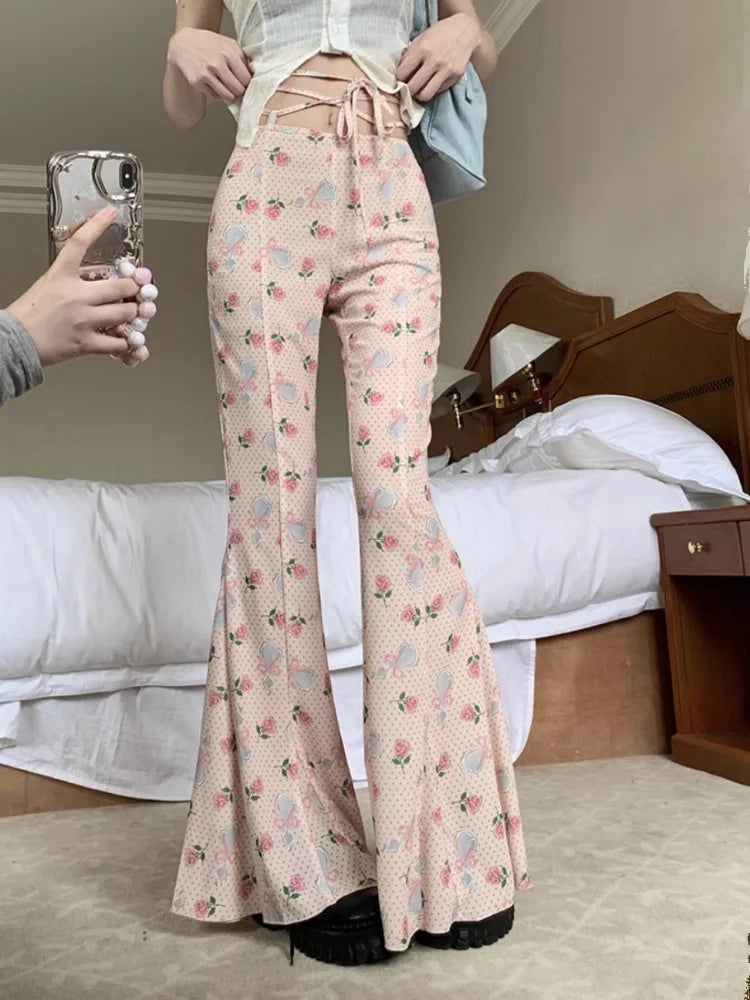 Sweet Floral Print Casual Pants for Women Sumemr Slim Fit Ruffles Flare  Y2k E-Girl High Waist Loose Wide Leg