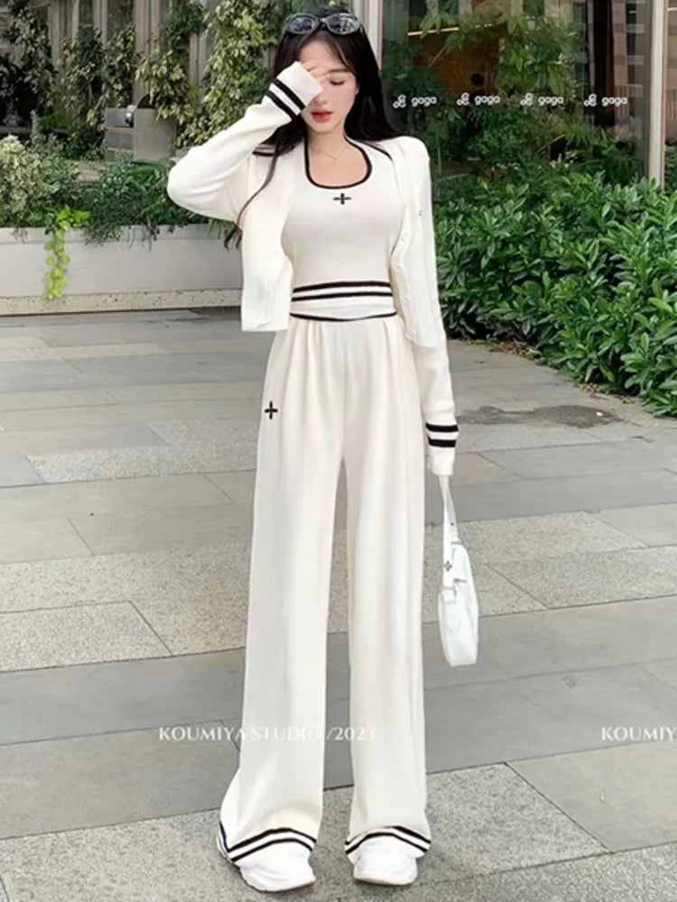 Streetwear Knitted 3 Piece Set Women Long Sleeve Cardigan Coat + Camisole + Pant Sets Spring Fashion Casual Three Piece Suits