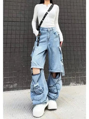 Heavy Duty Multi-pocket High Waist Cargo Pants Women American Retro Fashion Baggy Jeans Women Harajuku Hip-hop Wide-leg Jeans