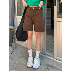 Back to school Brown High Waist Women Shorts Jeans Wide Leg Baggy Denim Shorts Summer Streetwear Five Points Trousers Straight Jean Short Pants