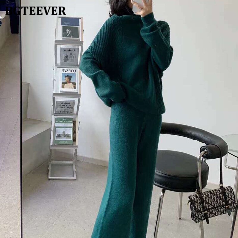 Autumn Winter Knitted Trousers Set Women Turtleneck Pullovers & Wide Wide Pants Thick Warm Female Sweater Set