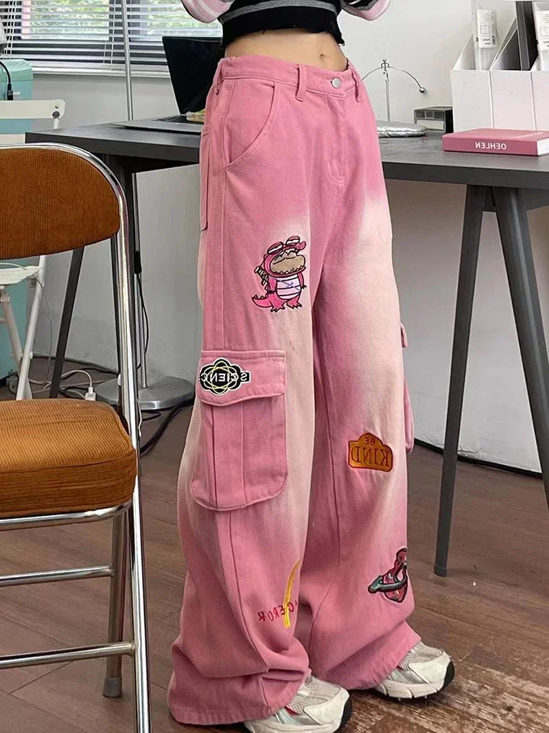 American Pink Cartoon Embroidered Baggy Cargo Mom Jeans for Women 2024 Spring New Waist Slimming Wide Leg Pants Trousers Female