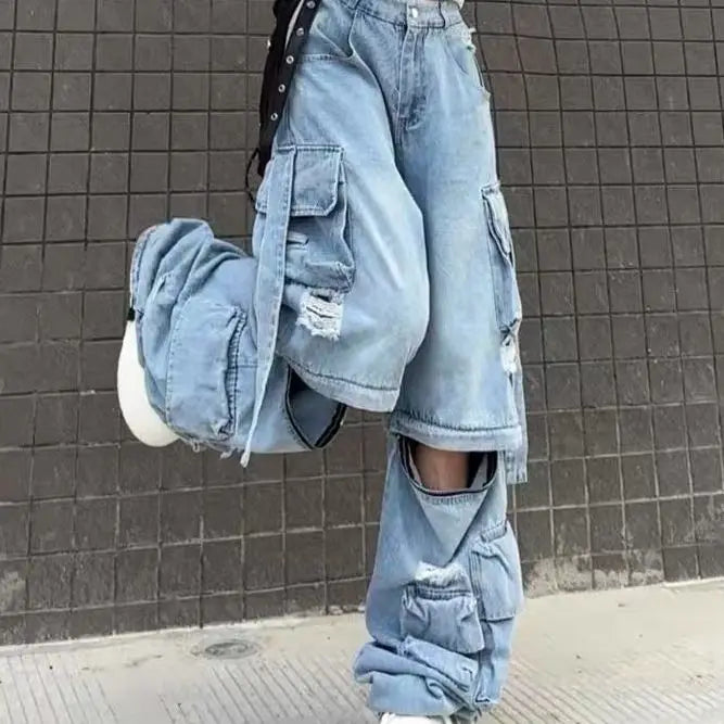 Heavy Duty Multi-pocket High Waist Cargo Pants Women American Retro Fashion Baggy Jeans Women Harajuku Hip-hop Wide-leg Jeans