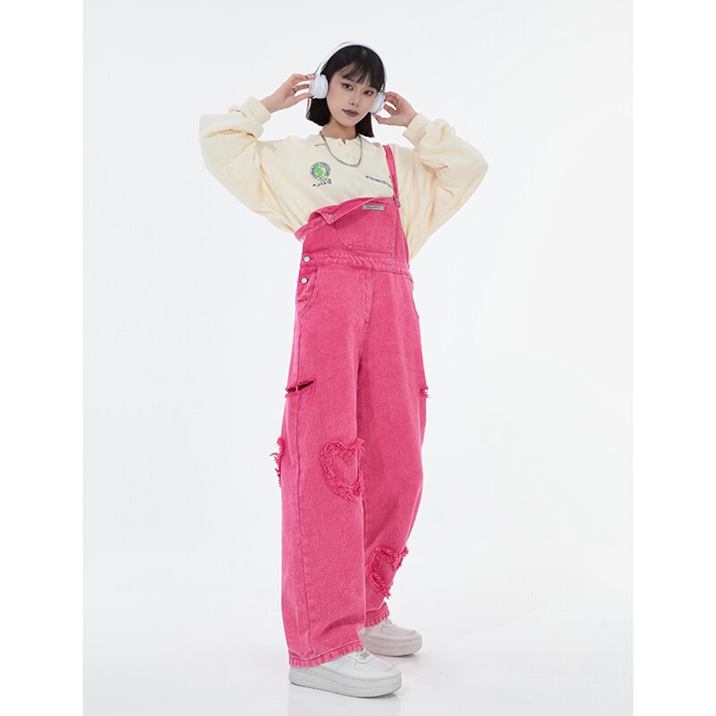 Womens Rose Red Vintage Suspender Jeans Baggy Pocket Straight Pants Streetwear Casual Wide Leg Denim Trouser Ladies Summer